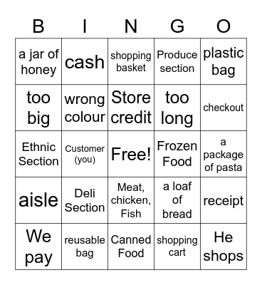 Shopping vocabulary Bingo Card