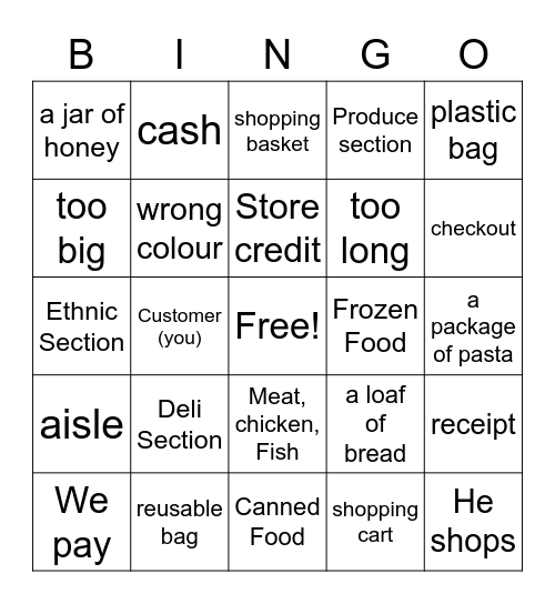 Shopping vocabulary Bingo Card