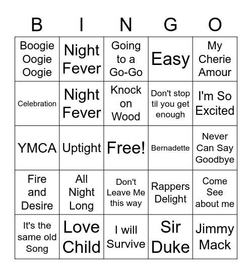 Singo - Motown/Disco Bingo Card