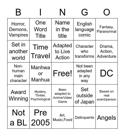 Manga Bingo Card