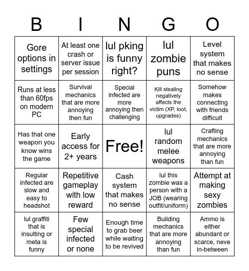 Shitty Zombie Game Bingo Card