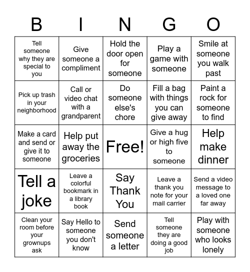 Kindness Bingo Card