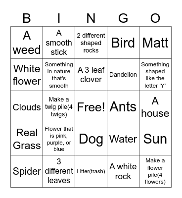 Nature Scavenger Hunt Bingo Card