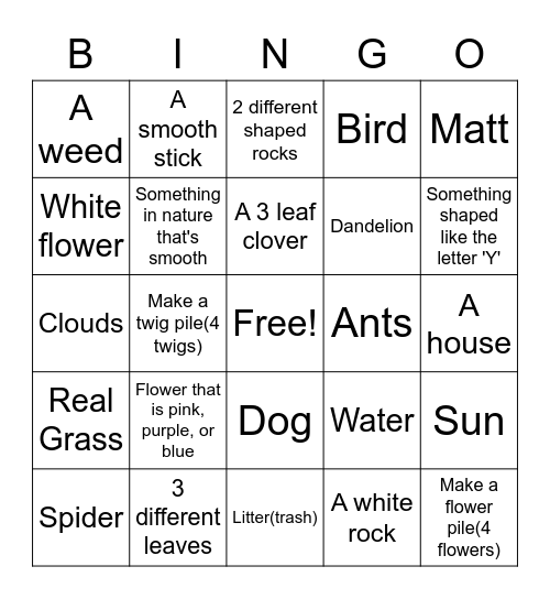 Nature Scavenger Hunt Bingo Card