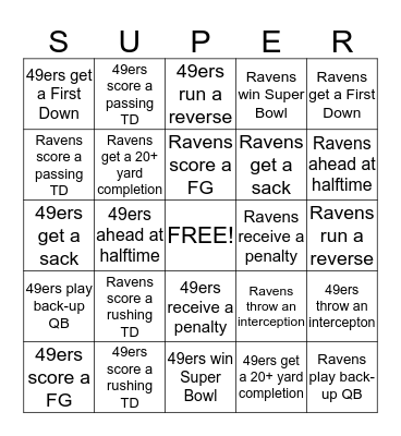 Super Bowl Bingo Card