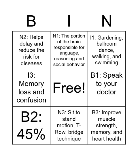 Physical Activity and Alzheimer's Bingo Card