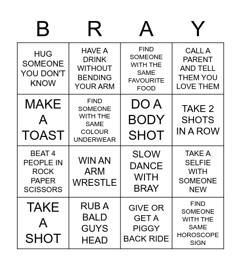 BIG BRAY'S BINGO CHALLENGE Bingo Card