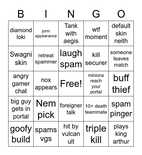 Smite night Bingo Card