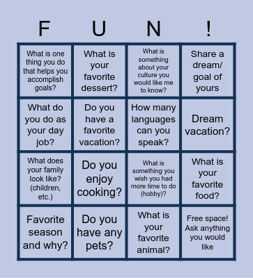 Get To Know Each Other Bingo! Bingo Card