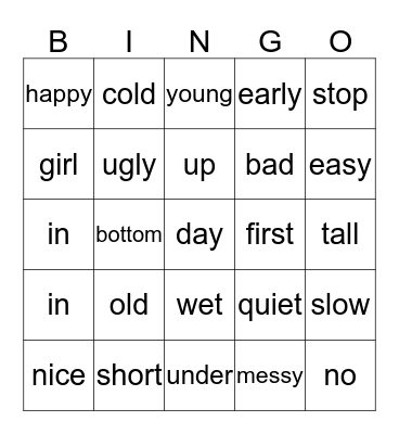 Antonym Bingo Card