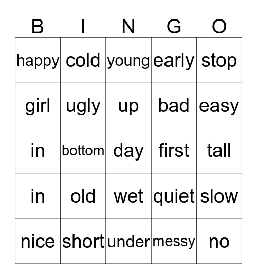Antonym Bingo Card