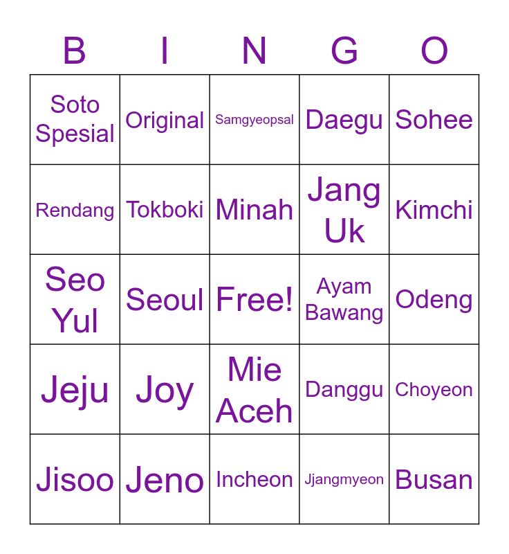 Seul Seul Bingo Card