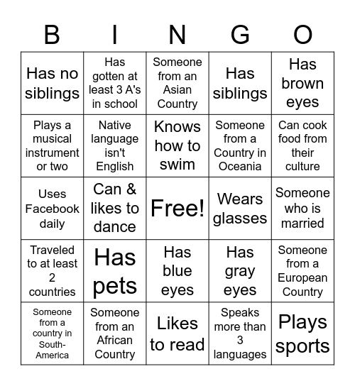 Get to know fellow International Students! Bingo Card