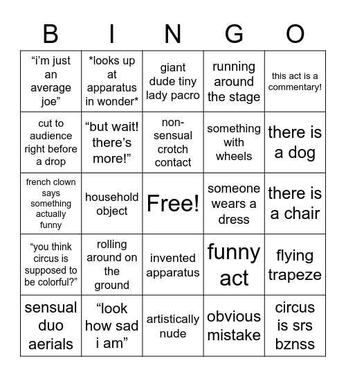 circus bingo Card