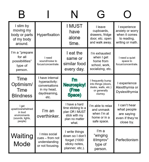 Neurodiversity Bingo REG Bingo Card