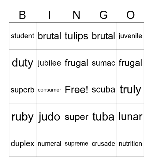 u as /oo/ Bingo Card