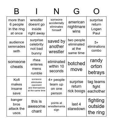 Royal Rumble Bingo Card