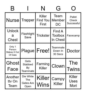 Dead By Daylight Bingo Card