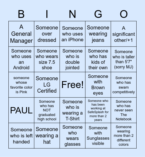 SafeSplash Holiday Party Bingo Card