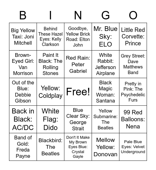 COLOR  SONGS Bingo Card