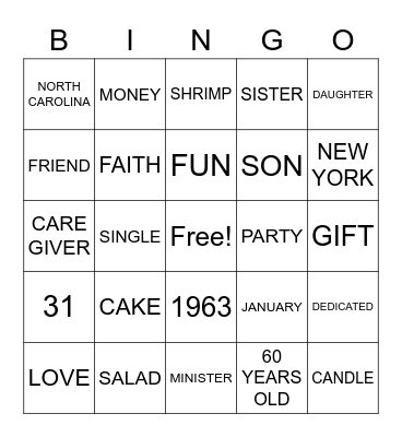 Debbie's 60th Bingo Card