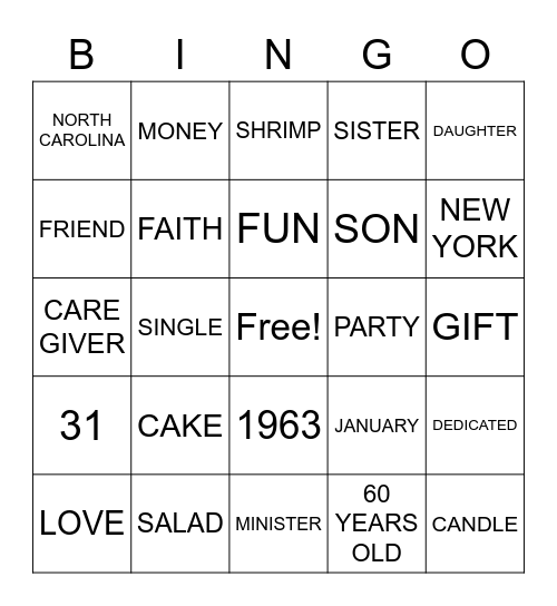 Debbie's 60th Bingo Card