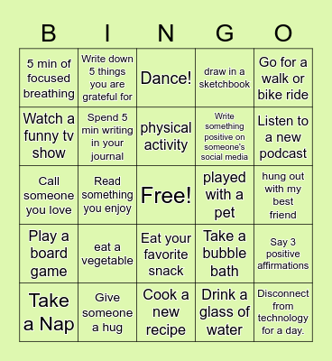 DIGITAL Self-Care BINGO CHALLENGE Bingo Card