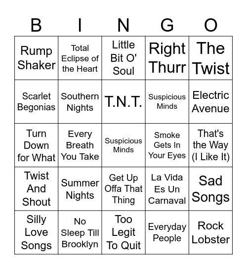 Songs that begin and end with the same letter Bingo Card