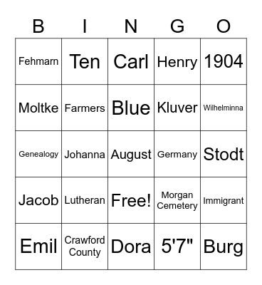 Kluver Family Bingo Card