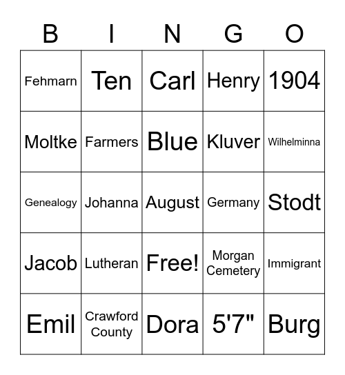 Kluver Family Bingo Card