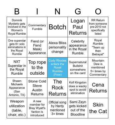 ROYAL RUMBLE 2023 Bingo Card
