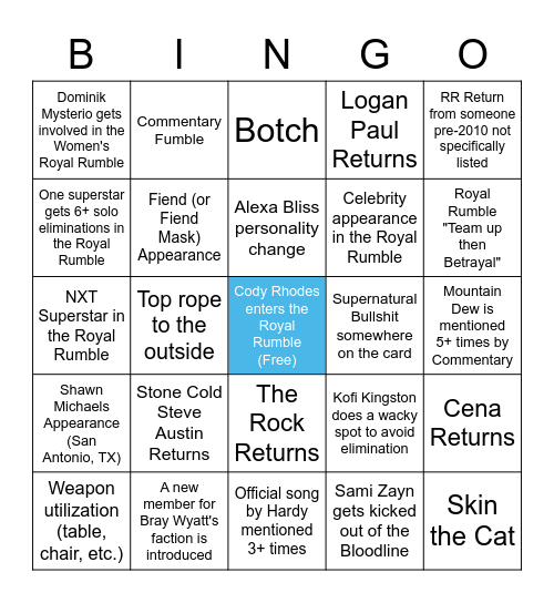 ROYAL RUMBLE 2023 Bingo Card