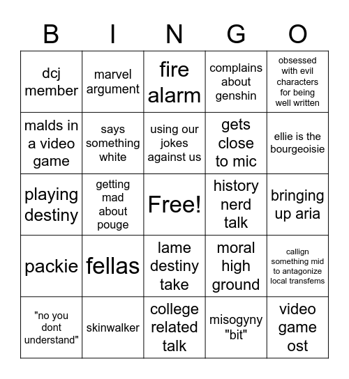 pouge Bingo Card