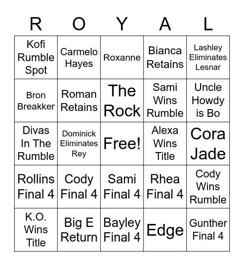 Royal Rumble Bingo Card