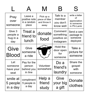 Phi Lamb Kindness Bingo Card