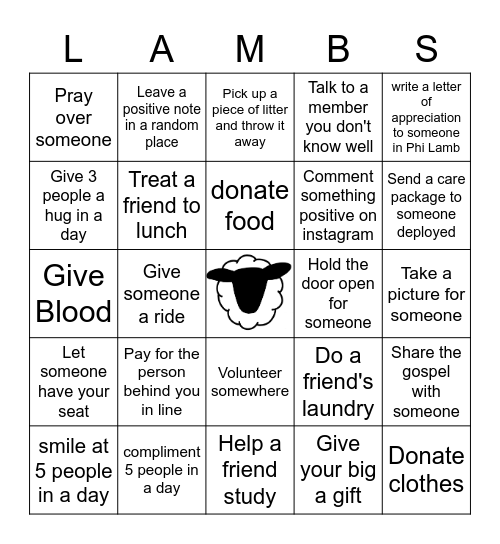 Phi Lamb Kindness Bingo Card