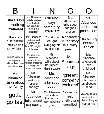 English I Honors Pd. EF Version 2.0 Bingo Card