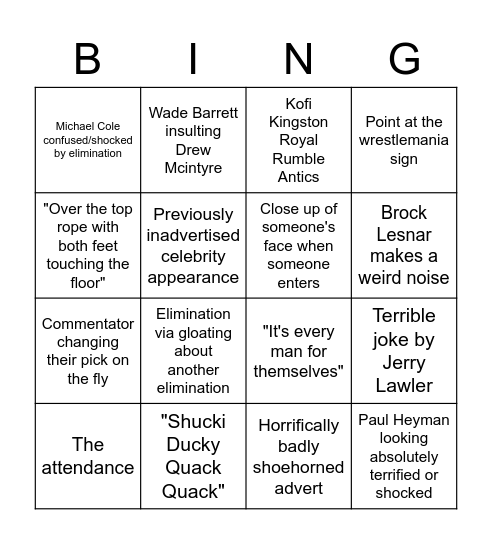 Royal Rumble 2023 Bingo Card