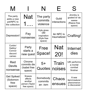 Session 11: So We Back in the Mine Bingo Card