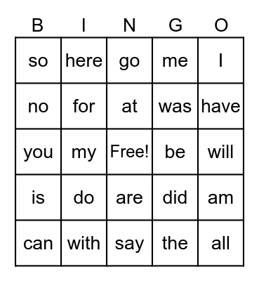 Heart Word Bingo Card