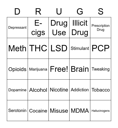 Substance Use Bingo Card