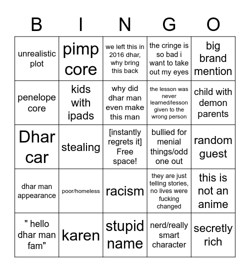 Cringe bingo Card