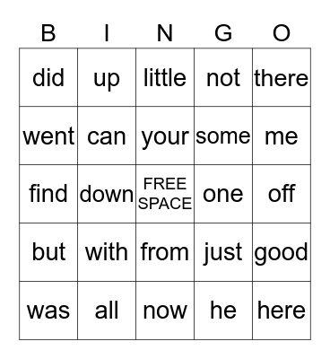 Sight Word Bingo Card