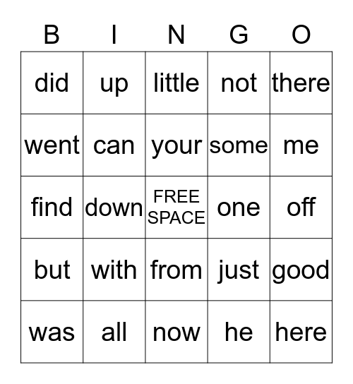Sight Word Bingo Card