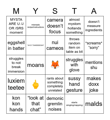 mysta rias handcam - baking/cooking Bingo Card