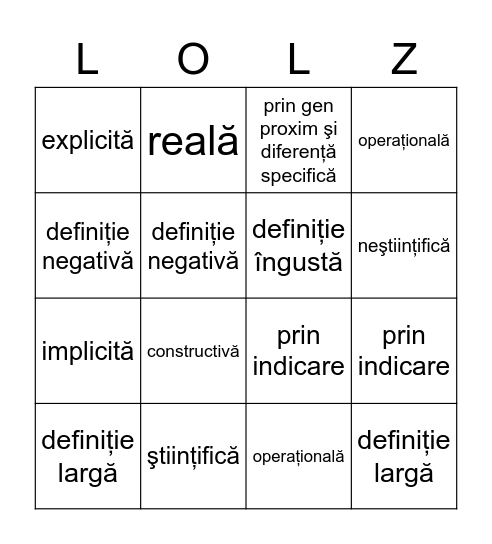 dEfiNiŢii Bingo Card