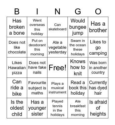 Getting to know you Bingo Card