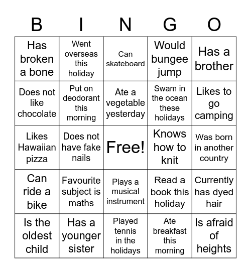 Getting to know you Bingo Card