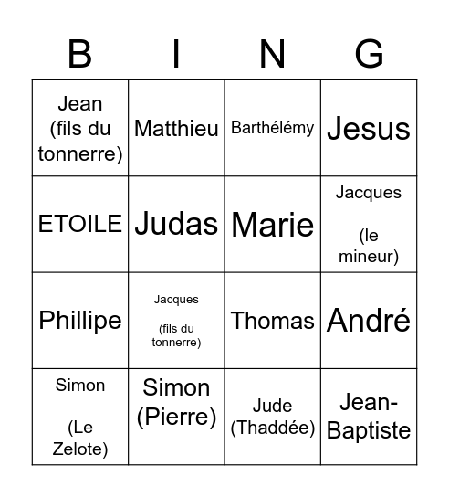 Bingo: Les 12 Apôtres Bingo Card