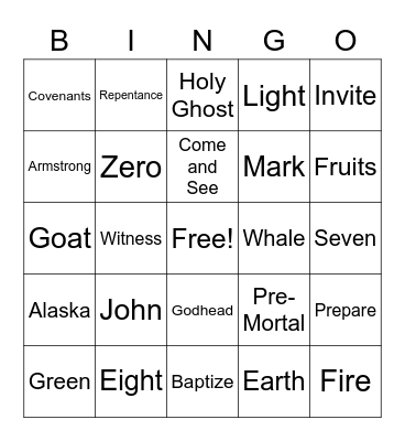 Sunday School Bingo Card